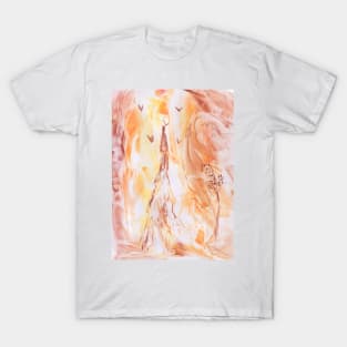 Wanderer, mountain, human, road, landscape. Hand drawn color illustration, painting, art, encaustic. T-Shirt